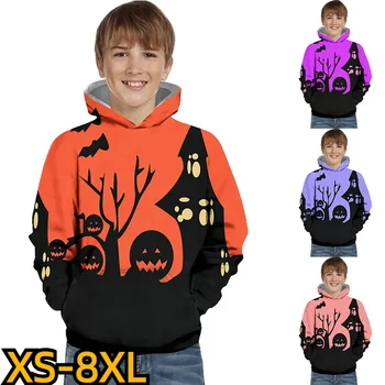 Осень-зима 2023, детская круглая одежда на Хэллоуин, модный принт, повседневная толстовка с карманами, топы для мальчиков, Детская толстовка с длинным рукавом