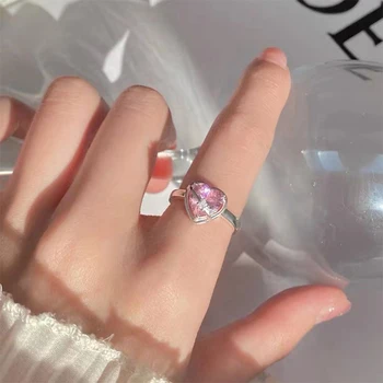 Открытые кольца из розового камня с серебром в форме сердца, Романтические женские Простые Модные Анилло, Подарки для вечеринок, Изысканные ювелирные аксессуары