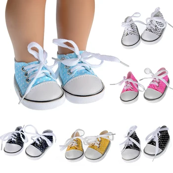 Парусиновые кроссовки на шнуровке длиной 7 см, обувь для куклы высотой 43 см, белые, черные, синие туфли, подходящие для 18-дюймовых подарков American Baby Dolls