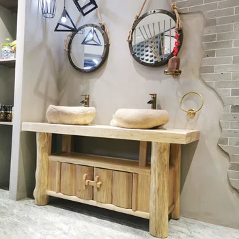 Пасторальный креативный антикварный шкаф для ванной комнаты с двойным умывальником из массива дерева с двойной раковиной для умывания в отеле в семье