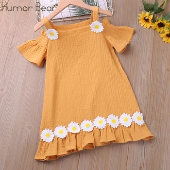 Платье для девочек Humor Bear, летняя мода 2023, повседневное платье с открытыми плечами, детская одежда, детское платье с оборками