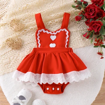 Платье-комбинезон для маленьких девочек, комбинезон без рукавов с кружевной отделкой в виде сердечка на подоле