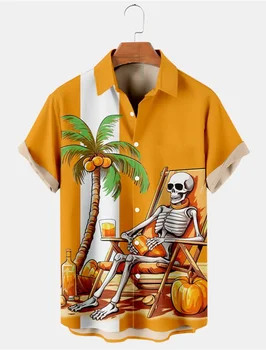 Пляжная гавайская повседневная мужская рубашка с черепом, уличная повседневная повседневная осенняя рубашка с коротким рукавом и отложным воротником на пуговицах для мальчиков