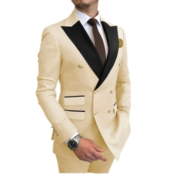 Повседневный мужской костюм цвета хаки цвета шампанского, приталенный двубортный деловой смокинг из 2 предметов (блейзер + брюки) Комплект свадебных костюмов жениха