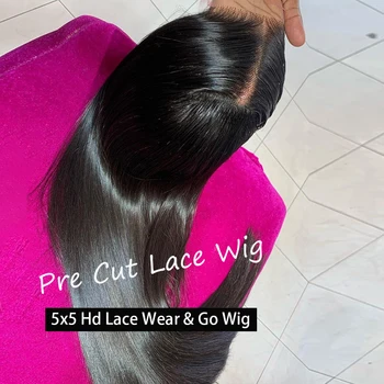 Предварительно Вырезанный бесклеевой парик из человеческих волос, готовый к носке, 30-40-дюймовые Бразильские прямые парики с кружевной застежкой 5x5 Hd для женщин