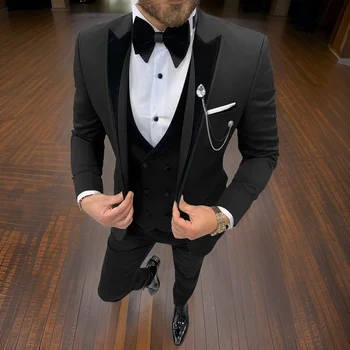 Приталенные мужские костюмы для свадьбы, 3 предмета, мужской пиджак, официальный офисный деловой смокинг жениха (блейзер + жилет + брюки) 2024
