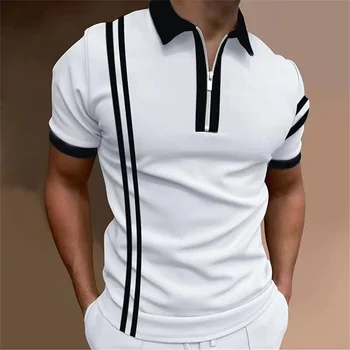 Простые мужские рубашки поло с лацканами в полоску на молнии, мужские рубашки для гольфа с 3D-графикой, отложной воротник, Короткие рукава, топы для одежды на молнии