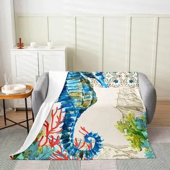 Пушистое одеяло в виде морского конька, Тематическое Фланелевое Флисовое Покрывало для дивана, Декор детской комнаты для подростков Sea
