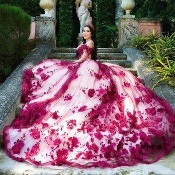 Пышные платья принцессы цвета Фуксии Бальное платье с открытыми плечами Цветочный жемчуг Sweet 16 Платьев 15 Años на заказ