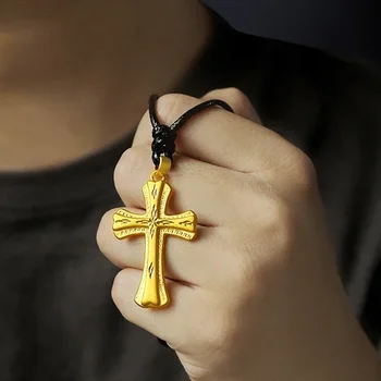 Религиозные украшения ЧЖУАНЧЭН Подвеска в виде креста из 24-каратного золота, Кожаное веревочное ожерелье, аксессуары для цепочек