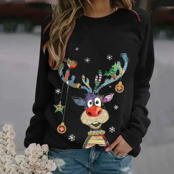 Рождественские толстовки, женские пуловеры с 3D принтом лося, женские пуловеры с длинными рукавами, толстовка с круглым вырезом оверсайз, женские свитшоты