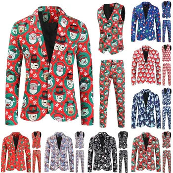 Рождественский мужской рождественский костюм из трех предметов с цифровой печатью (куртка + брюки + жилет), стильный мужской блейзер, пальто с брюками, одежда