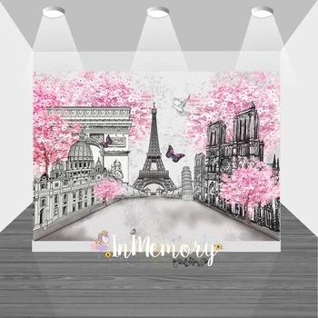 Розово-серый Фон для фотосъемки с цветами, детский Фон для вечеринки в честь Дня рождения в стиле Париж Эйфель, Фотобудка в Европейском городе
