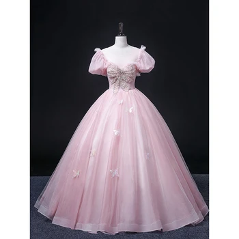 Розовые платья для выпускного вечера Butterflys Простое Вечернее платье из тюля со шнуровкой и аппликациями, Элегантное Вечернее платье с короткими рукавами для женщин 2023