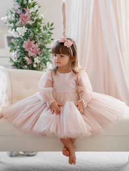 Розовые платья для девочек в цветочек, тюлевые атласные пышные (многоуровневые платья с длинным рукавом для свадьбы, дня рождения, первого причастия