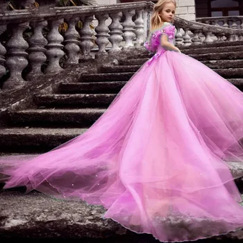 Розовые платья с цветочным узором для девочек, расшитые бисером, с открытыми плечами, Детское праздничное платье для маленькой девочки на свадьбу, День рождения, выпускной бал