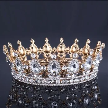 Роскошная винтажная Золотая свадебная корона из сплава Свадебная тиара Королева Барокко Корона Короля золотой цвет горный хрусталь тиара корона