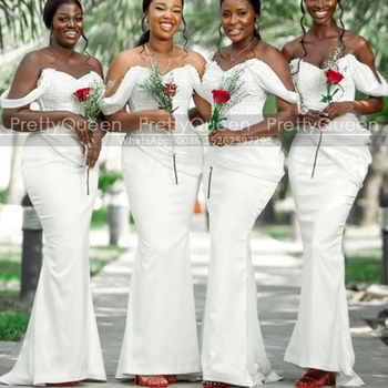 Роскошные платья подружек невесты с открытыми плечами в виде русалки с длинными складками, белое свадебное платье-футляр Подружки невесты