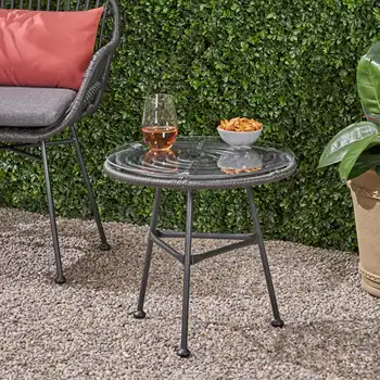 Роскошный Изысканный Модный и элегантный уличный столик из искусственного ротанга со стеклянной столешницей серого цвета