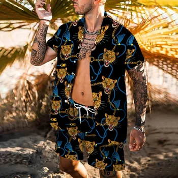 Роскошный комплект с леопардовым принтом, мужская рубашка из 2 предметов + шорты с 3D принтом, свободная пляжная рубашка с коротким рукавом для отдыха, модный праздничный комплект из двух предметов