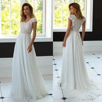 Свадебные платья из белого кружева в стиле ретро с короткими рукавами, шифоновые свадебные платья 2024 года, Элегантные пляжные платья с драпировкой с V-образным вырезом, Vestidos De Novia