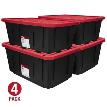 Сверхпрочный пластиковый контейнер для хранения с защелкивающейся крышкой емкостью 27 галлонов, черный с красной крышкой, набор из 4 штук