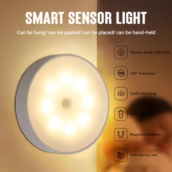 Светодиодная интеллектуальная ночная лампа с индукцией человека, датчик движения PIR, USB-зарядка, Аварийное Автоматическое Освещение, Прикроватная Домашняя лампа