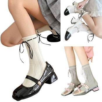 Сетчатые носки до щиколоток L93F, балетные носки на шнуровке с бантиком для женщин, хлопчатобумажные носки с манжетами в рулонах
