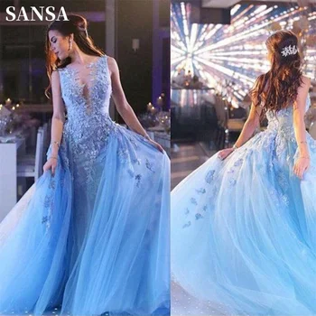 Синее платье Для выпускного Вечера Без рукавов от Sansa Mermaid С Роскошной Кружевной вышивкой Из Тюля Vestidos De Noche