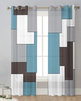 Синий Абстрактный Геометрический Вуалевый Занавес для спальни середины века, Шторы для обработки окон, Тюлевые шторы для гостиной, Прозрачные шторы