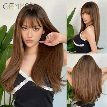 Синтетический парик для косплея, светло-золотисто-коричневые Длинные Прямые парики с челкой для женщин на каждый день, парик из натуральных волос 
