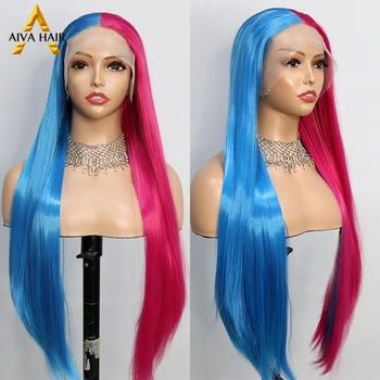 Синтетический прямой парик синего розового цвета с кружевом спереди 30 дюймов 13X4, термостойкие парики для косплея трансвеститов для чернокожих женщин, бесклеевые
