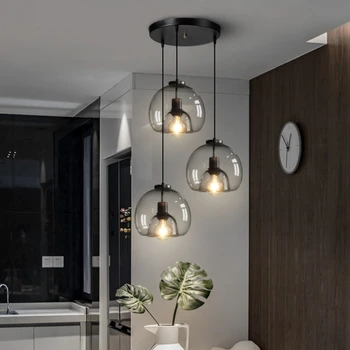 Современная стеклянная светодиодная потолочная люстра для гостиной Обеденный стол Кухня Спальня Серые стекла Подвесной светильник