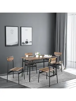 Современный прямоугольный обеденный стол из металла и дерева из 5 предметов для кухни, столовой, столовой с 4 стульями