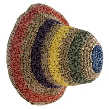 Соломенная солнцезащитная складная шляпа в цветную полоску, летняя пляжная солнцезащитная шляпа для женщин (цветная)