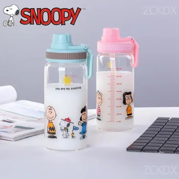 Стеклянная бутылка для воды Snoopy Charlie Brown с милой анимацией, Детская чашка для питья с соломинкой, 480 мл, Портативные дорожные бутылочки