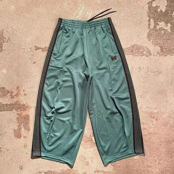 Темно-зеленые брюки с широкими штанинами в полоску и вышивкой бабочкой, уличные брюки для мужчин и женщин, пара свободных спортивных штанов для отдыха