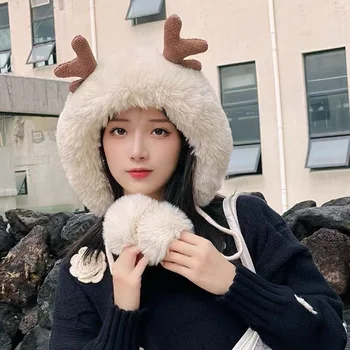 Теплая вязаная шапка с Рождественскими оленьими рогами, Корейская версия шапки для защиты ушей, зимняя плюшевая шапка-трилобал из утолщенной шерсти