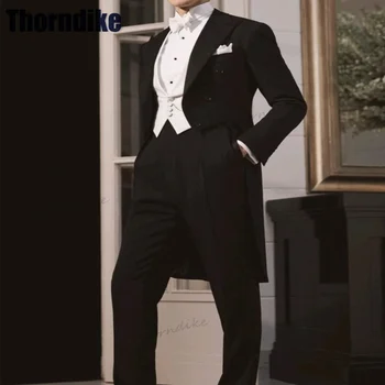Торндайк Настроил Черный мужской костюм на заказ, Официальный Длинный костюм для мужчин, свадебный фрак Жениха, Смокинг, Однобортный костюм Homme
