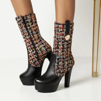 Фирменный дизайн, отличное качество, женские ботильоны в стиле пэчворк на высоком каблуке, платформа, Пикантная элегантная женская модная обувь, большие короткие ботинки 33-27