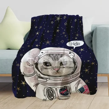 Фланелевое одеяло с рисунком кота-астронавта, Мягкое, теплое, уютное в космосе, Забавная Галактика, Всесезонное одеяло, декор для дивана-кровати, подарки для детей