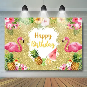 Фон для дня рождения с фламинго, Тропический Цветочный Блестящий Золотой фон, Декор для вечеринки в честь дня рождения у летнего бассейна для девочек, Принадлежности для фотосессии