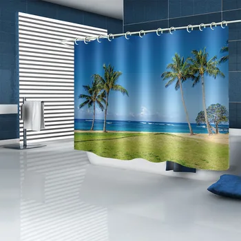 Фото синие пляжные занавески занавеска с природными пейзажами 3D Занавески для душа Водонепроницаемая занавеска для ванной комнаты
