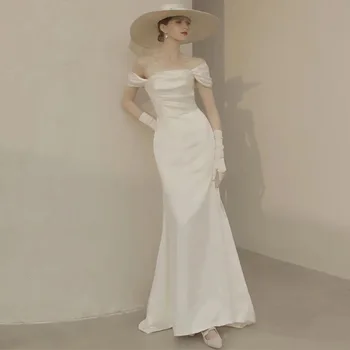Французское винтажное свадебное атласное простое приталенное платье со шлейфом 2023 года