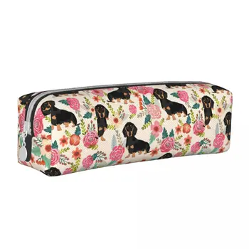 Цветочные пеналы для собак с рисунком таксы, Мультяшная сумка для ручек с животными для студентов, школьные принадлежности большой емкости, косметический мешочек для карандашей