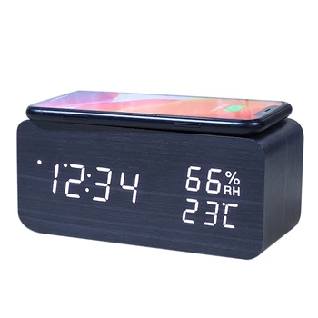 Цифровой будильник, будильник температуры и влажности Светодиодные электронные часы Беспроводное зарядное устройство для смартфона (черный)