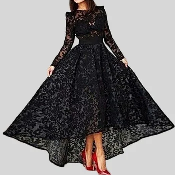 Черные вечерние платья трапециевидной формы с длинными рукавами, кружево чайной длины, Высокая Низкая длина, Турция, Дубай, Саудовская Аравия, платье для выпускного вечера.