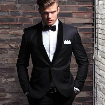 Черные официальные мужские костюмы для свадьбы, блейзер с лацканами и одной пуговицей, деловой приталенный смокинг для жениха, 2 шт. (куртка + брюки)