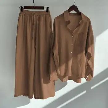 Шикарная блузка, брючный костюм, Тонкие осенние топы, комплект брюк, дышащие женские топы с глубоким вырезом и широкими штанинами, комплект брюк из мягкой ткани