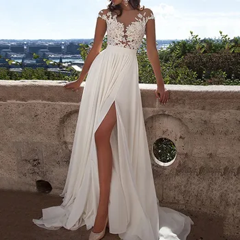 Элегантная женская свадебная вечеринка, Длинное кружевное Шифоновое платье с высоким разрезом из белого пляжного тюля, Перспективное платье, открытое платье, Макси-платье, халат